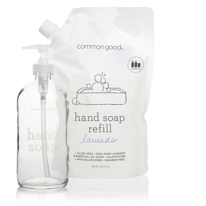 Hand Soap Refill Pouch and Glass Bottle Set by Common Good