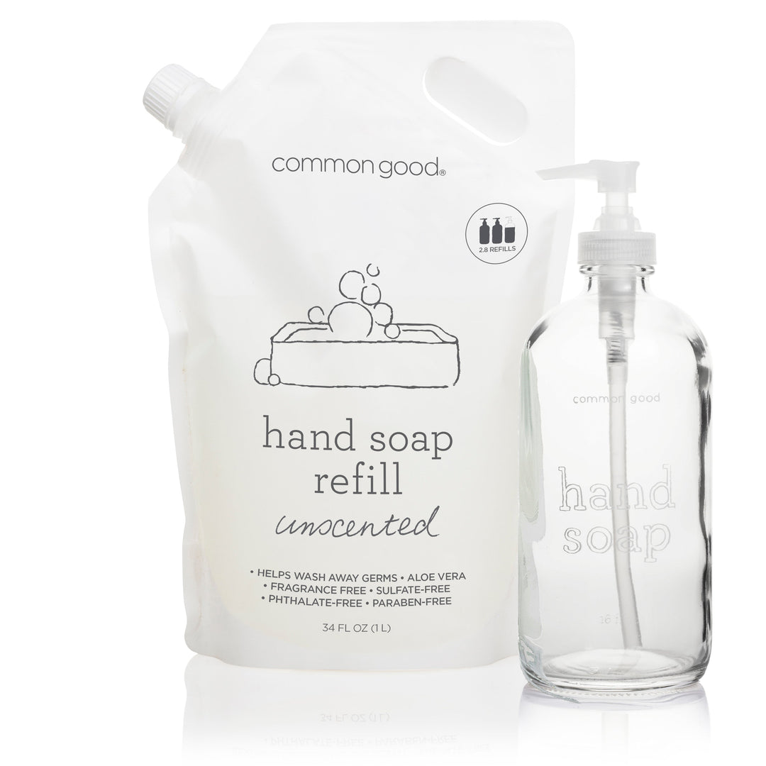 Hand Soap Refill Pouch and Glass Bottle Set by Common Good