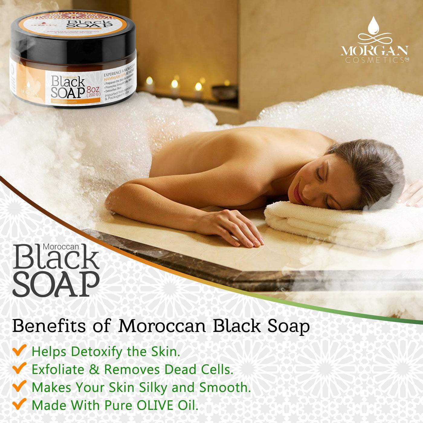 Moroccan Black Soap with Blossom 8oz by Morgan Cosmetics