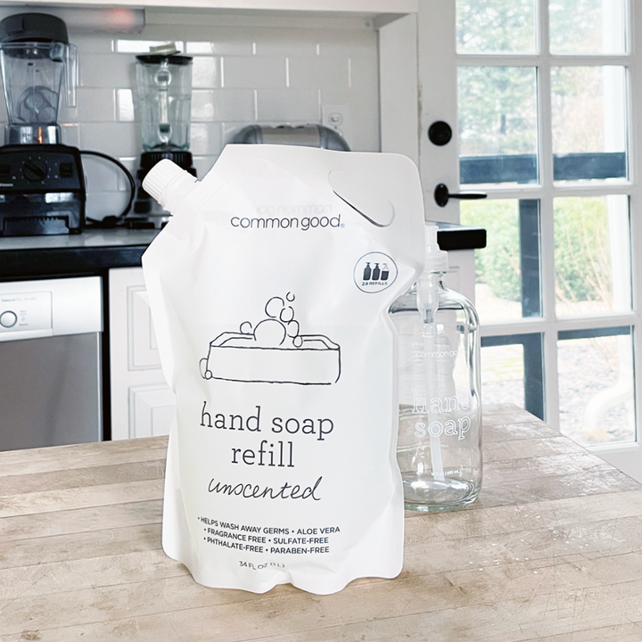 Hand Soap Refill Pouch and Glass Bottle Set by Common Good