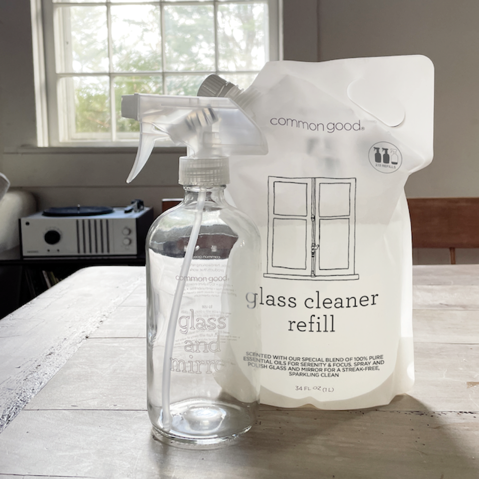 Glass Cleaner Refill Pouch and Glass Bottle Set by Common Good