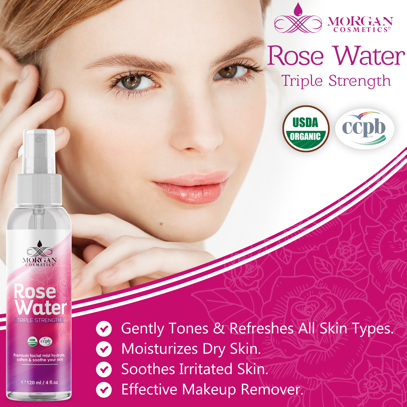 Pure Moroccan Rose Water 4 oz by Morgan Cosmetics
