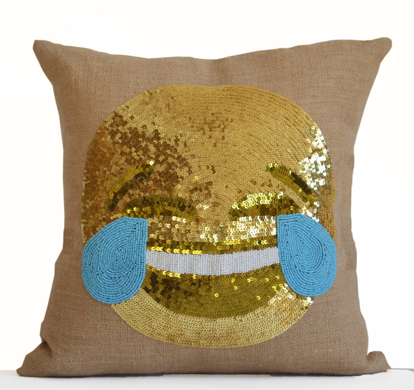 Smiley Face Pillows, Joy Pillows, Happy Face Throw Pillow Covers, Burlap Gold Pillows by Amore Beauté