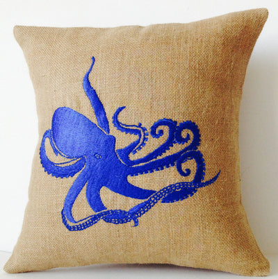 Sea pillow- Embroidered octopus pillow cover -Burlap pillow -Royal Blue throw pillow cushion -16x16 -Gift -Bedding -Blue cushion -Oceanic by Amore Beauté