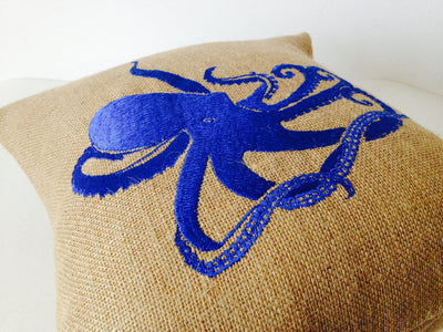 Sea pillow- Embroidered octopus pillow cover -Burlap pillow -Royal Blue throw pillow cushion -16x16 -Gift -Bedding -Blue cushion -Oceanic by Amore Beauté
