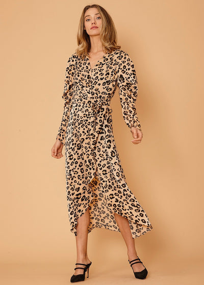 Women's Print Puffy Shoulder Dress in Brown Leopard by Shop at Konus