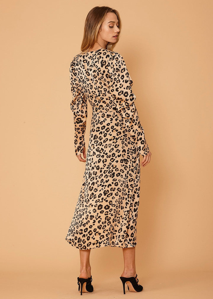 Women's Print Puffy Shoulder Dress in Brown Leopard by Shop at Konus