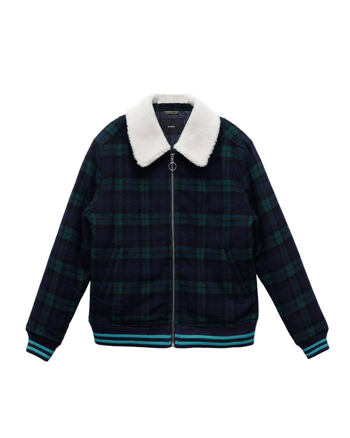 Konus Men's Wool Blend Plaid Jacket with Sherpa Collar in Green by Shop at Konus