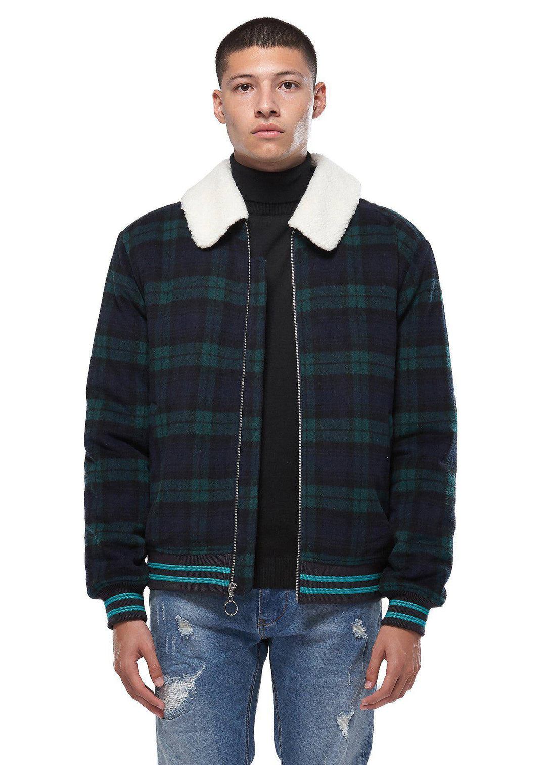 Konus Men's Wool Blend Plaid Jacket with Sherpa Collar in Green by Shop at Konus