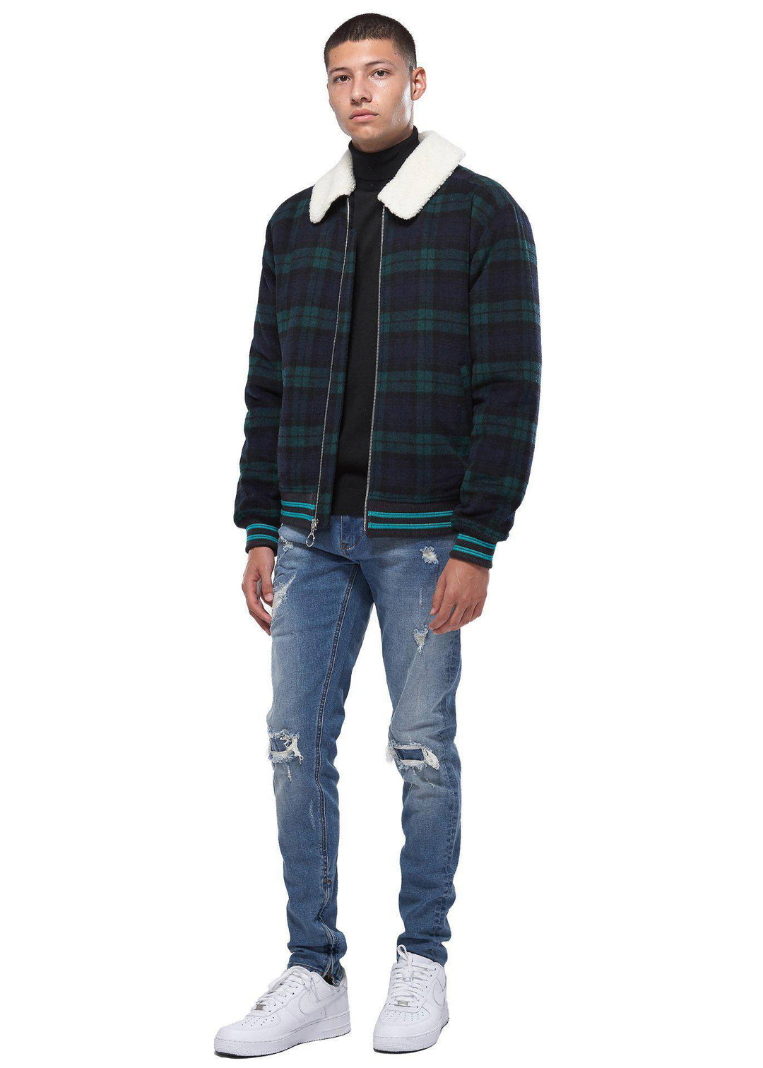 Konus Men's Wool Blend Plaid Jacket with Sherpa Collar in Green by Shop at Konus