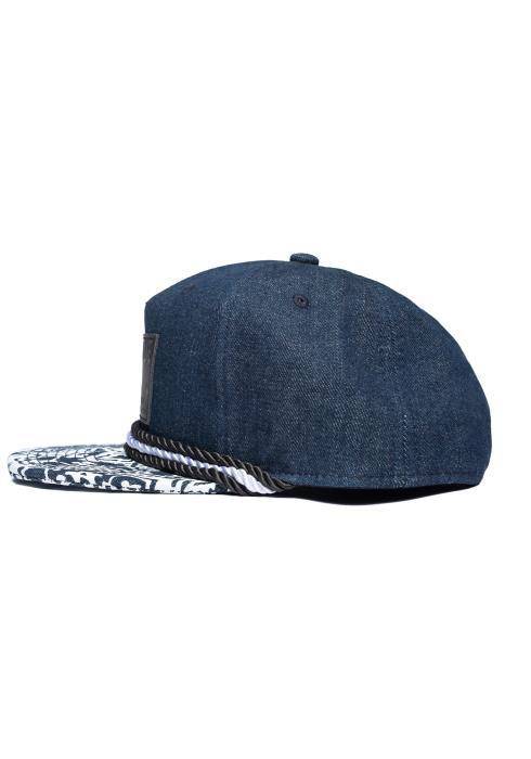 Konus Men's 5 Panel Denim Snap Back With Printed Bill and Patch in Navy by Shop at Konus
