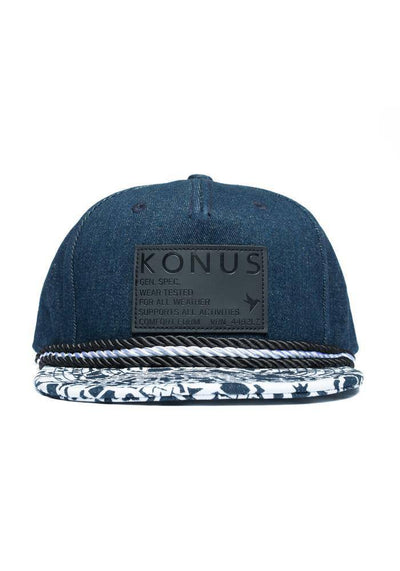 Konus Men's 5 Panel Denim Snap Back With Printed Bill and Patch in Navy by Shop at Konus