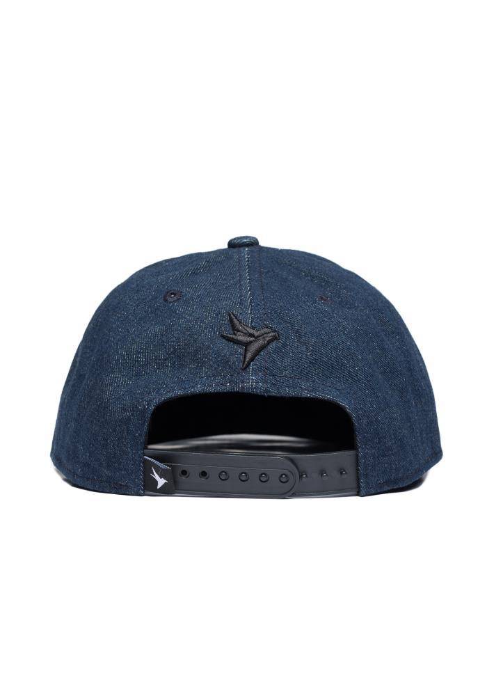 Konus Men's 5 Panel Denim Snap Back With Printed Bill and Patch in Navy by Shop at Konus