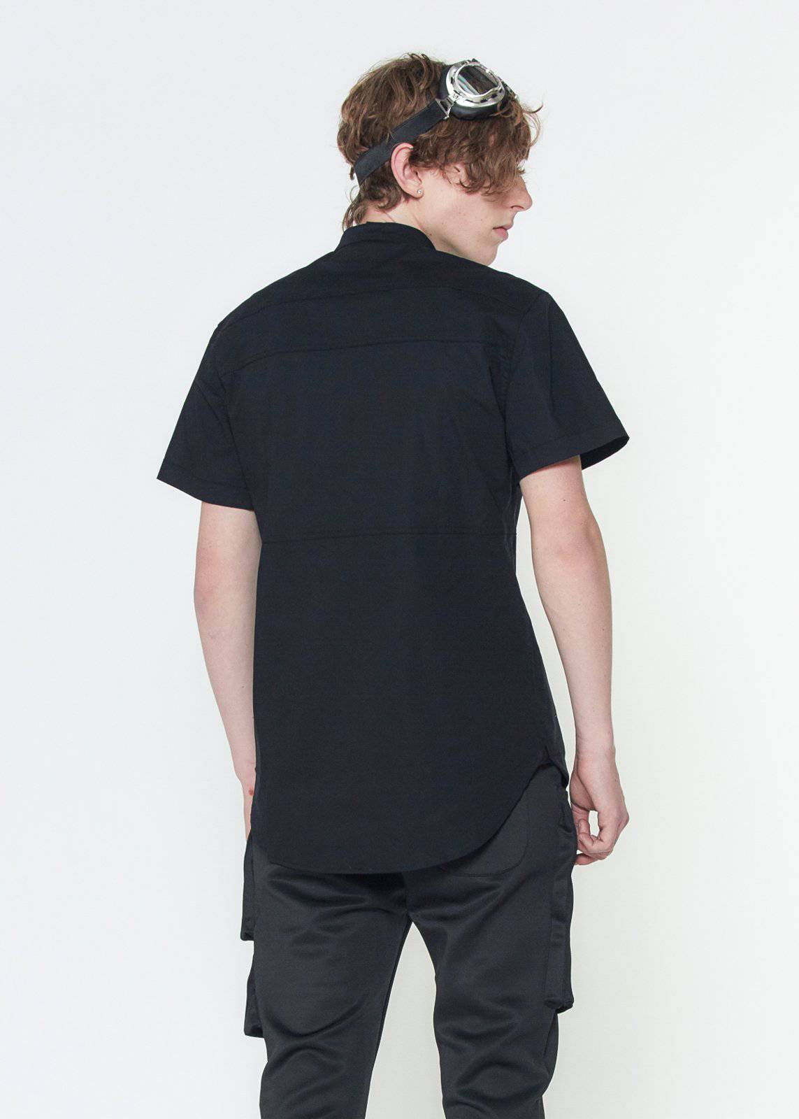 Konus Men's Short Sleeve Band Collar Shirt w/ Panels  in Black by Shop at Konus