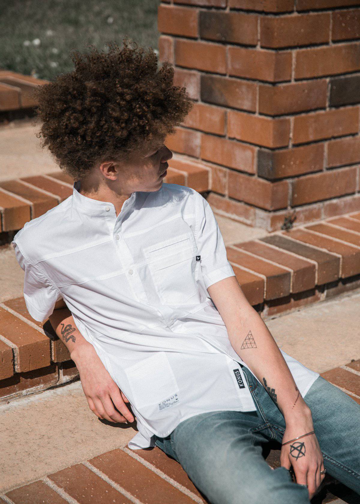 Konus Men's Short Sleeve Band Collar Shirt w/ Panels in White by Shop at Konus