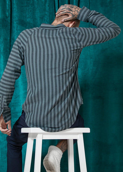 Konus Men's Striped Raglan Button Down Shirt in Charcoal by Shop at Konus