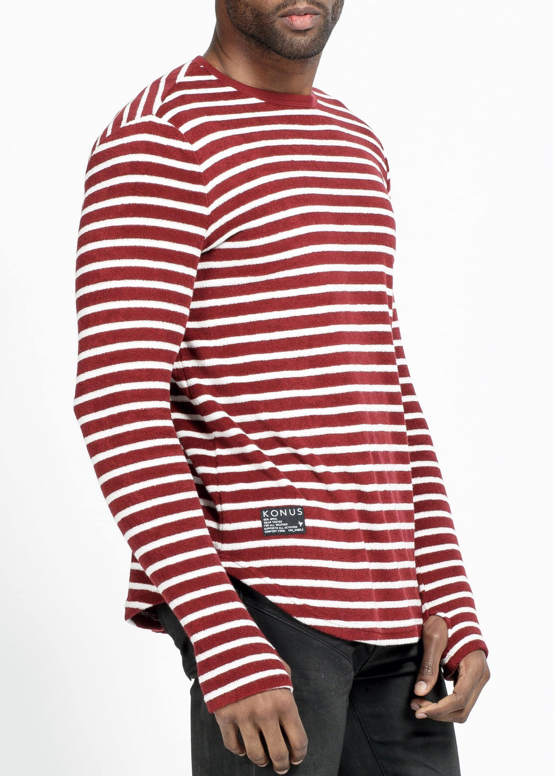 Konus Men's Scalloped Stripe Long Sleeve Tee in Burgundy by Shop at Konus