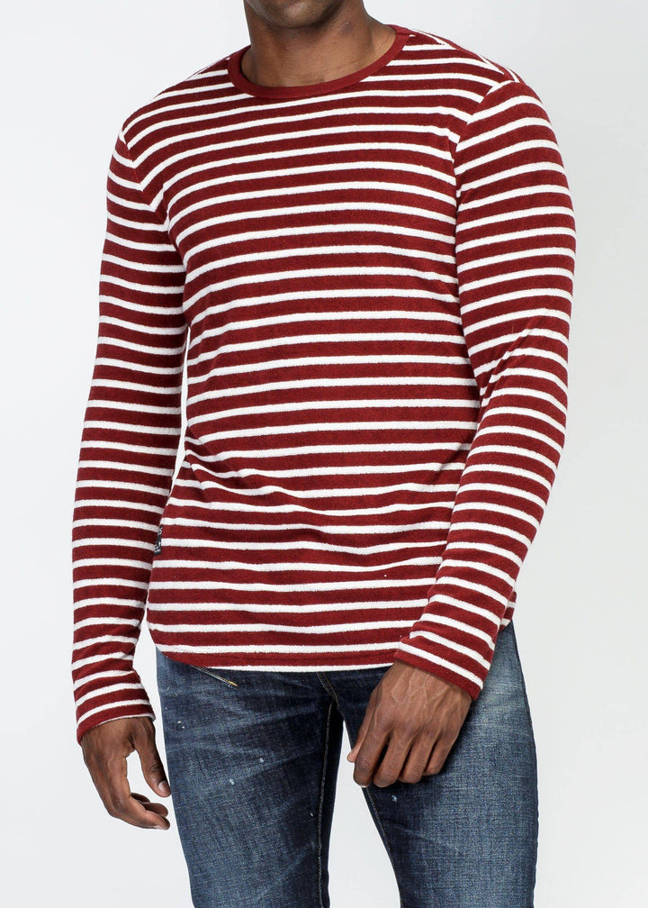 Konus Men's Scalloped Stripe Long Sleeve Tee in Burgundy by Shop at Konus