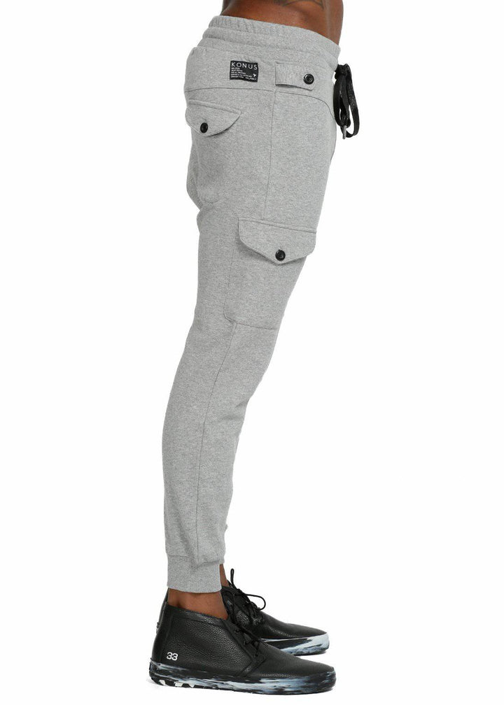 Konus Men's Drop Crotch Cargo Pockets Sweatpants in Gray by Shop at Konus