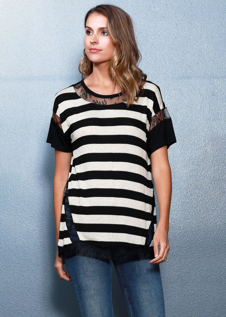 Women's Lace Trim Stripe Tee Women Clothing In Black White by Shop at Konus