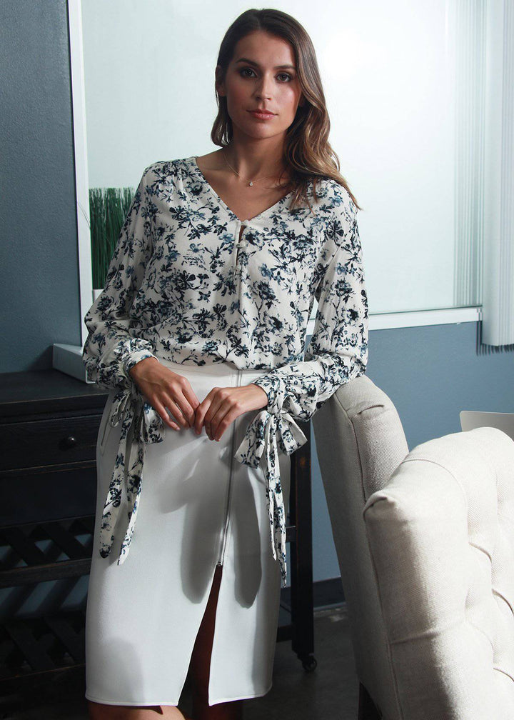 Floral V-neck Tie Cuff Blouse In Ivory Floral Garden by Shop at Konus