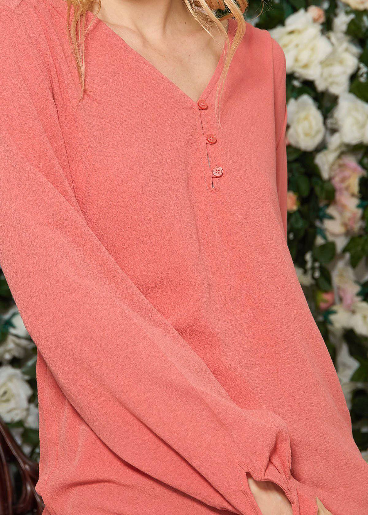 Floral V-neck Tie Cuff Blouse In Coral Faded by Shop at Konus