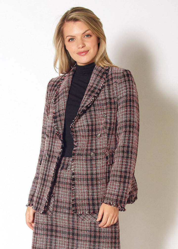 Fringe Hem Plaid Tweed Blazer in Red Black Tweed by Shop at Konus