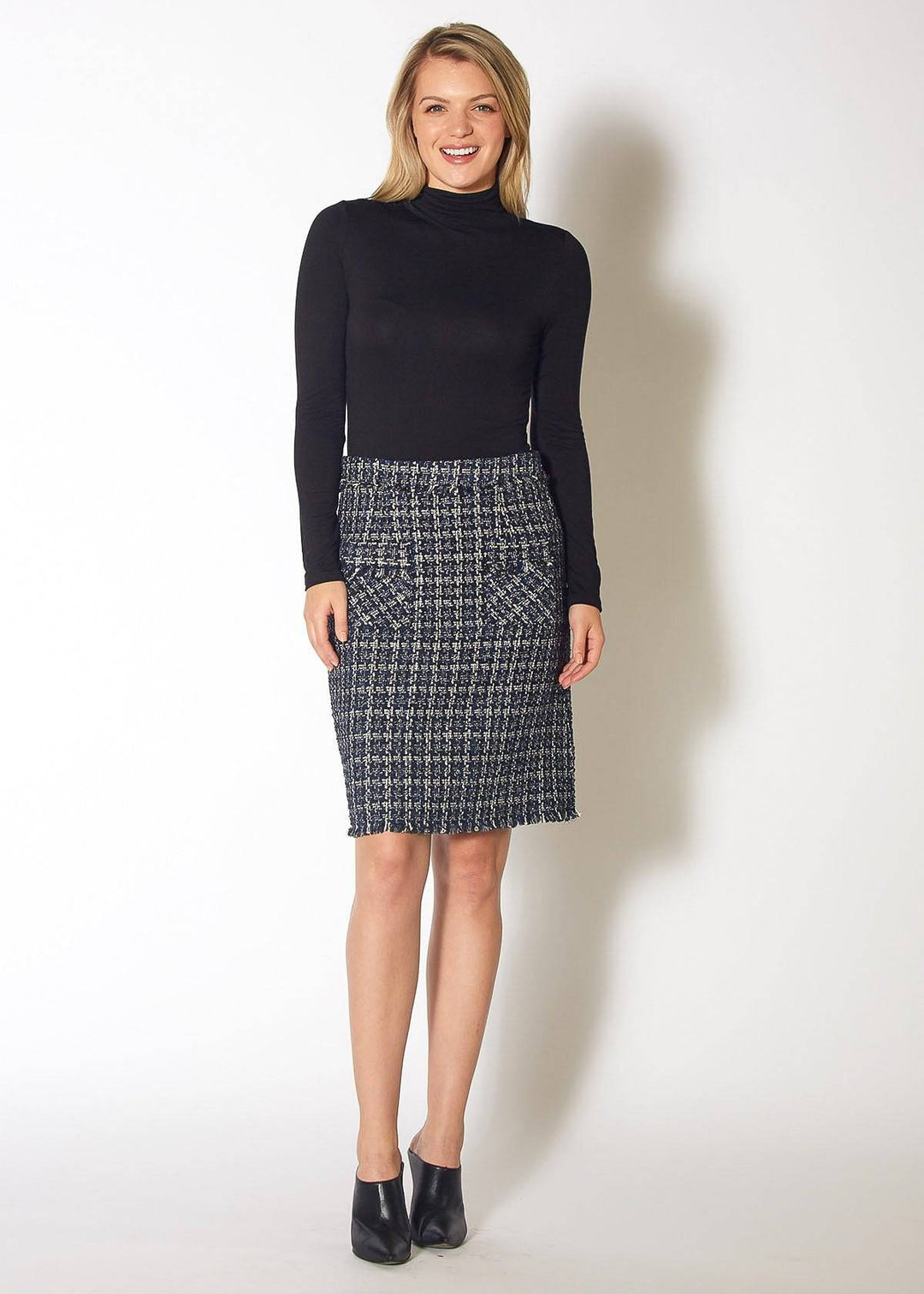 Women's High Rise Pencil Skirt in Navy Tweed by Shop at Konus