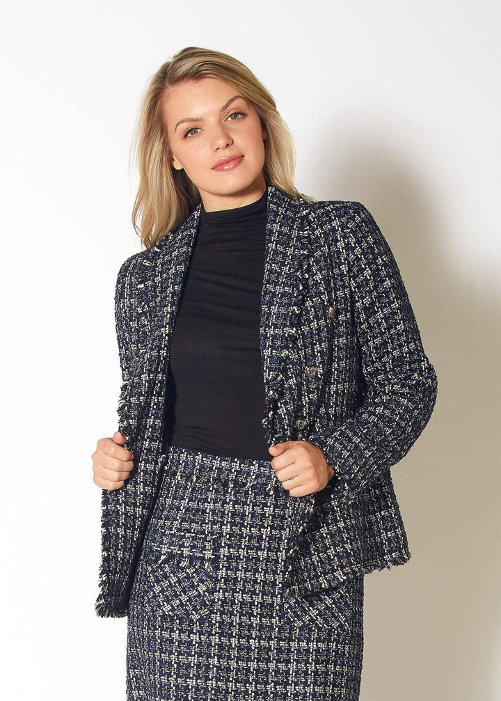 Women's Tweed Fringe Hem Blazer Jacket in Navy Tweed by Shop at Konus