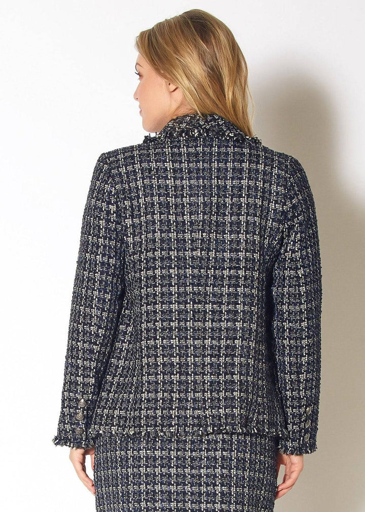 Women's Tweed Fringe Hem Blazer Jacket in Navy Tweed by Shop at Konus