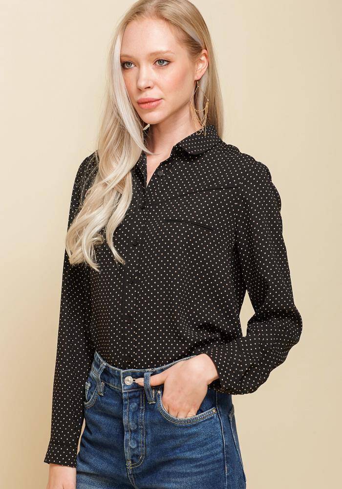 Women's Rounded Collar Button Down Shirt Blouse in Black Polka Dot by Shop at Konus