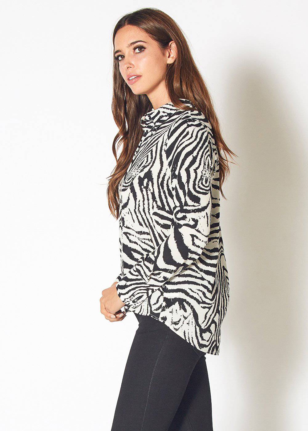 Women's Zebra Button Up Shirt Blouse in Blk White Zebra by Shop at Konus