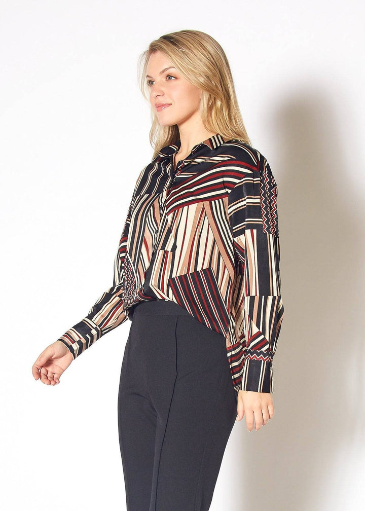 Women's Multi Stripe Button Up Collared Blouse in Multi Stripe by Shop at Konus