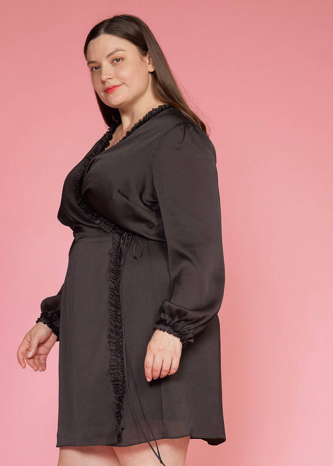 Plus Size Ruffle Trim Long Sleeve Wrap Dress in Black by Shop at Konus