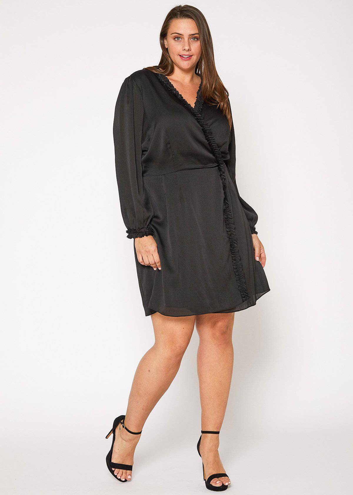 Plus Size Ruffle Trim Long Sleeve Wrap Dress in Black by Shop at Konus