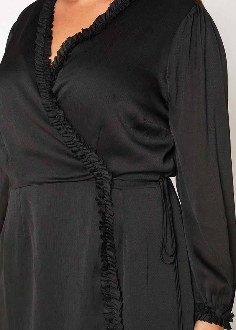 Plus Size Ruffle Trim Long Sleeve Wrap Dress in Black by Shop at Konus