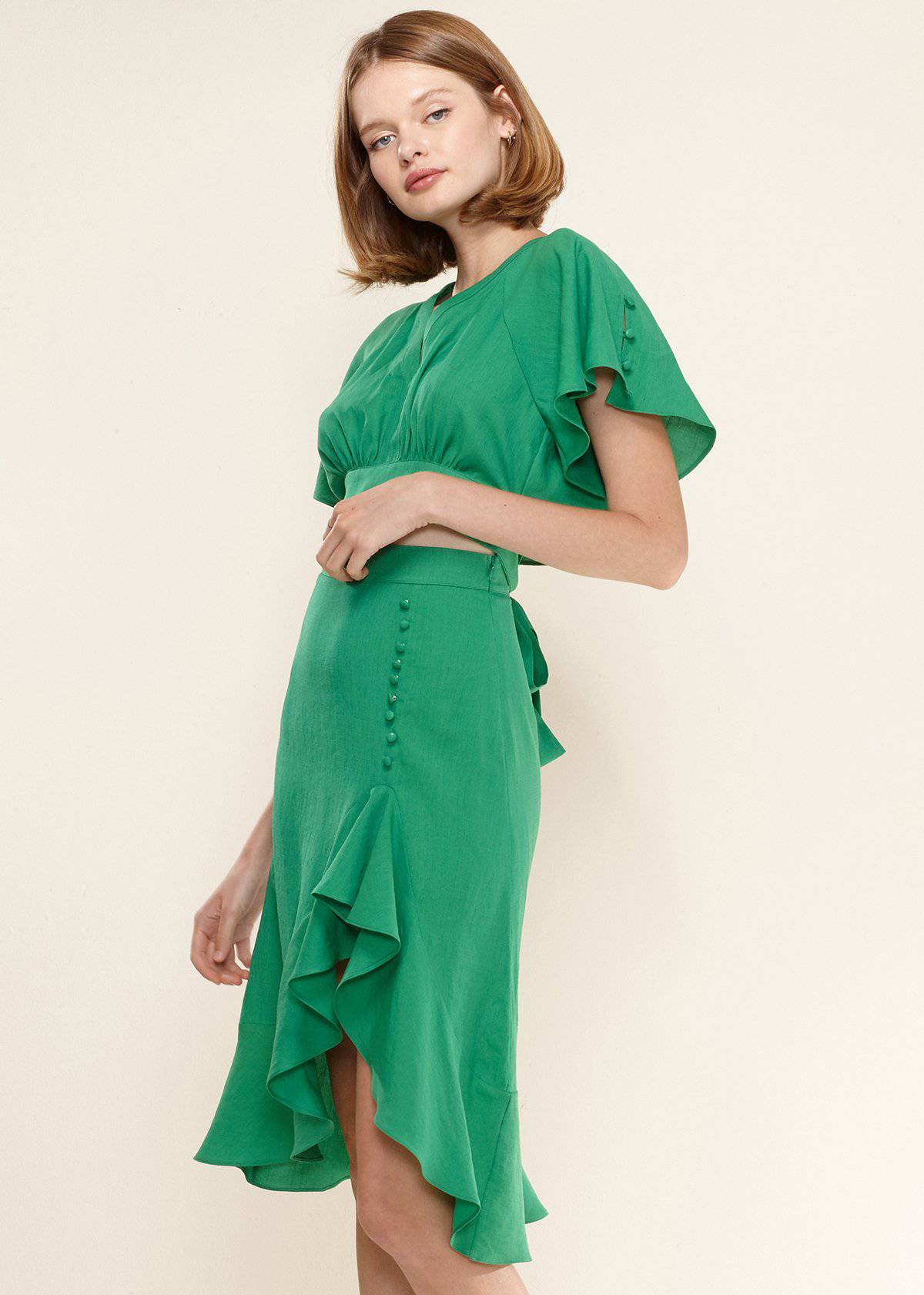 Tie Waist Cape Sleeve Cropped Blouse in Kelly Green by Shop at Konus