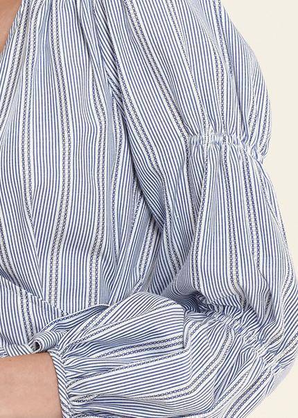 Smocked Sleeve Stripe Wrap Blouse in Blue by Shop at Konus