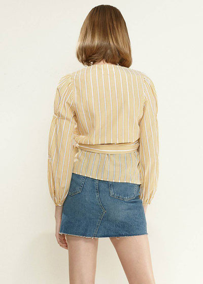 Smocked Sleeve Stripe Wrap Blouse in Yellow by Shop at Konus
