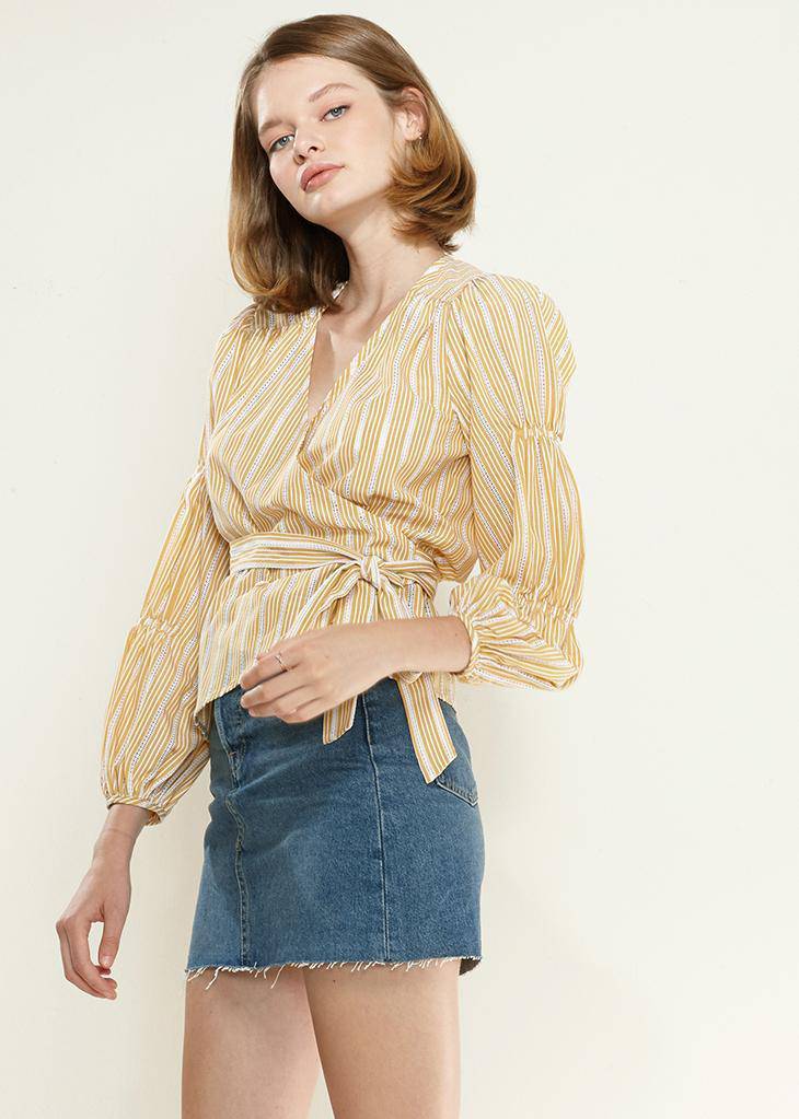 Smocked Sleeve Stripe Wrap Blouse in Yellow by Shop at Konus
