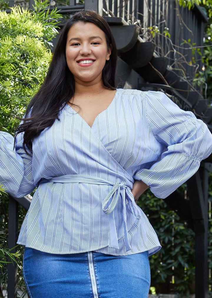 Plus Size Stripe Wrap Blouse in Blue by Shop at Konus