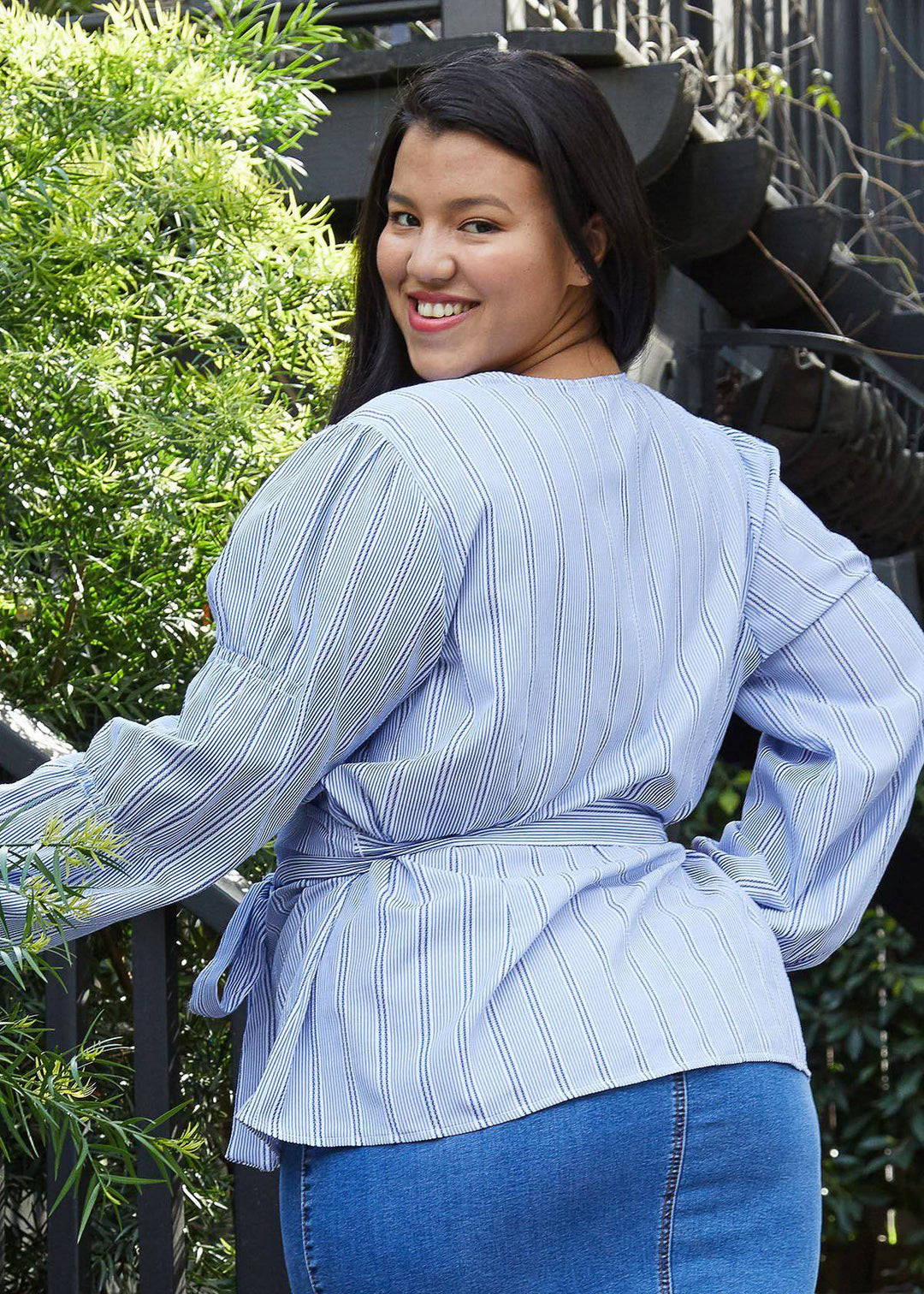 Plus Size Stripe Wrap Blouse in Blue by Shop at Konus