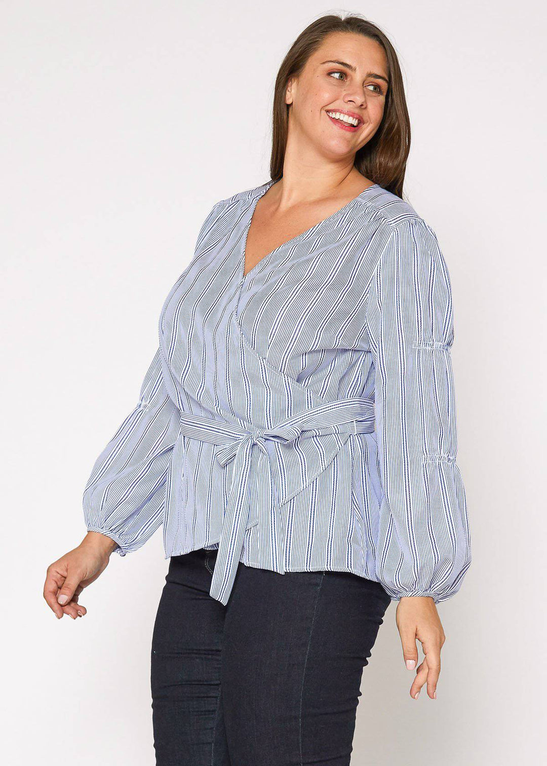 Plus Size Stripe Wrap Blouse in Blue by Shop at Konus