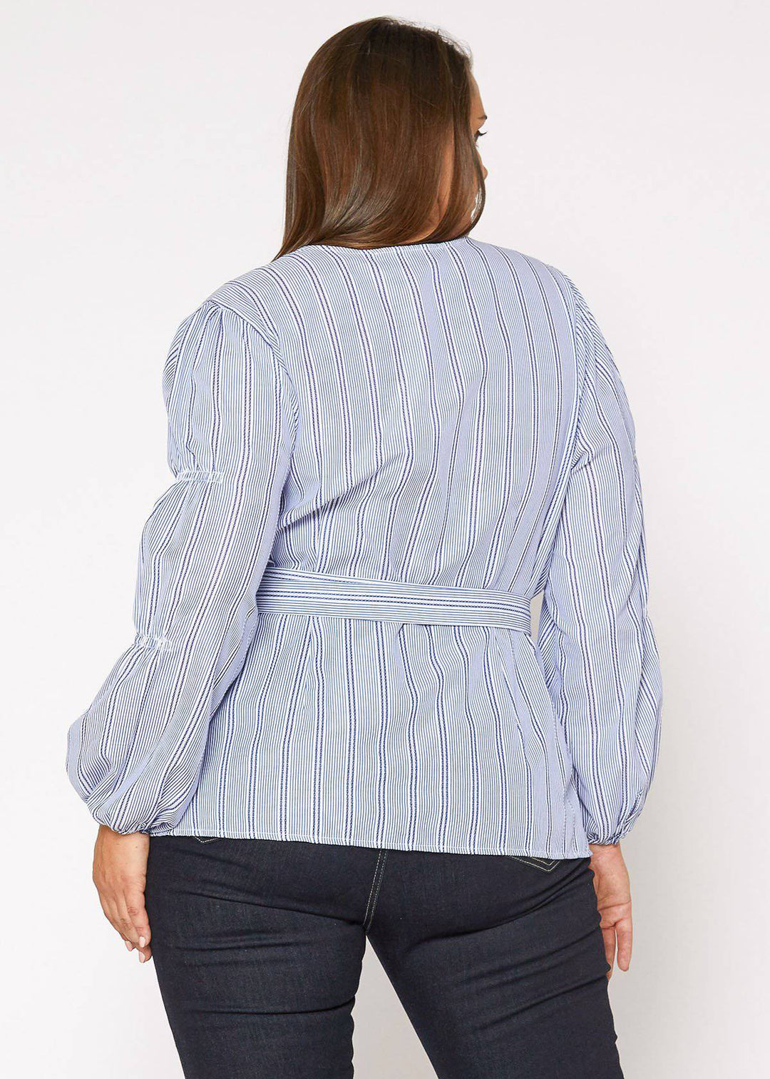 Plus Size Stripe Wrap Blouse in Blue by Shop at Konus