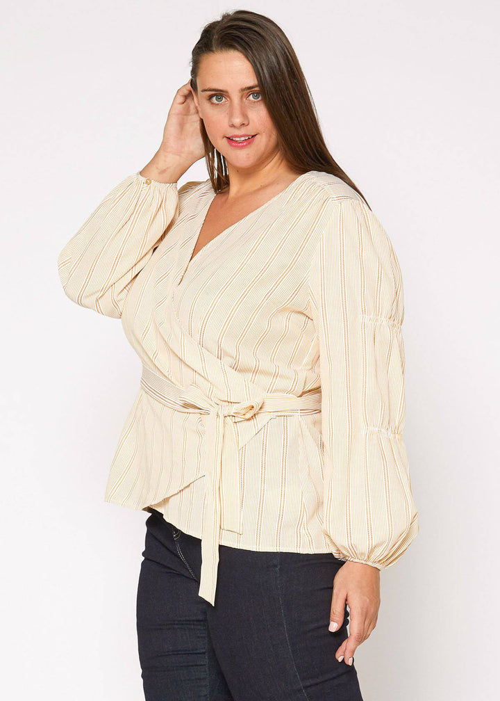 Plus Size Stripe Wrap Blouse in Yellow by Shop at Konus