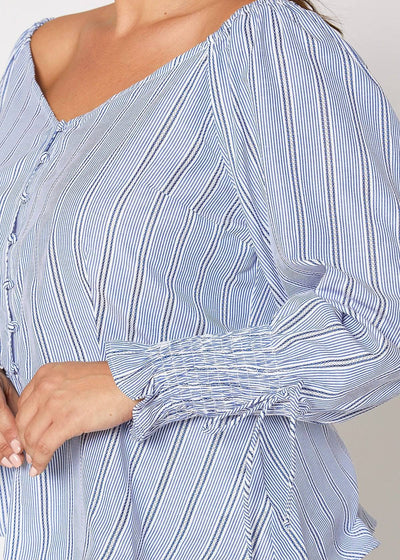 Plus Size Smocked Sleeve Wrap Blouse in Blue by Shop at Konus
