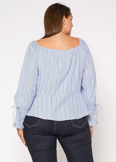 Plus Size Smocked Sleeve Wrap Blouse in Blue by Shop at Konus
