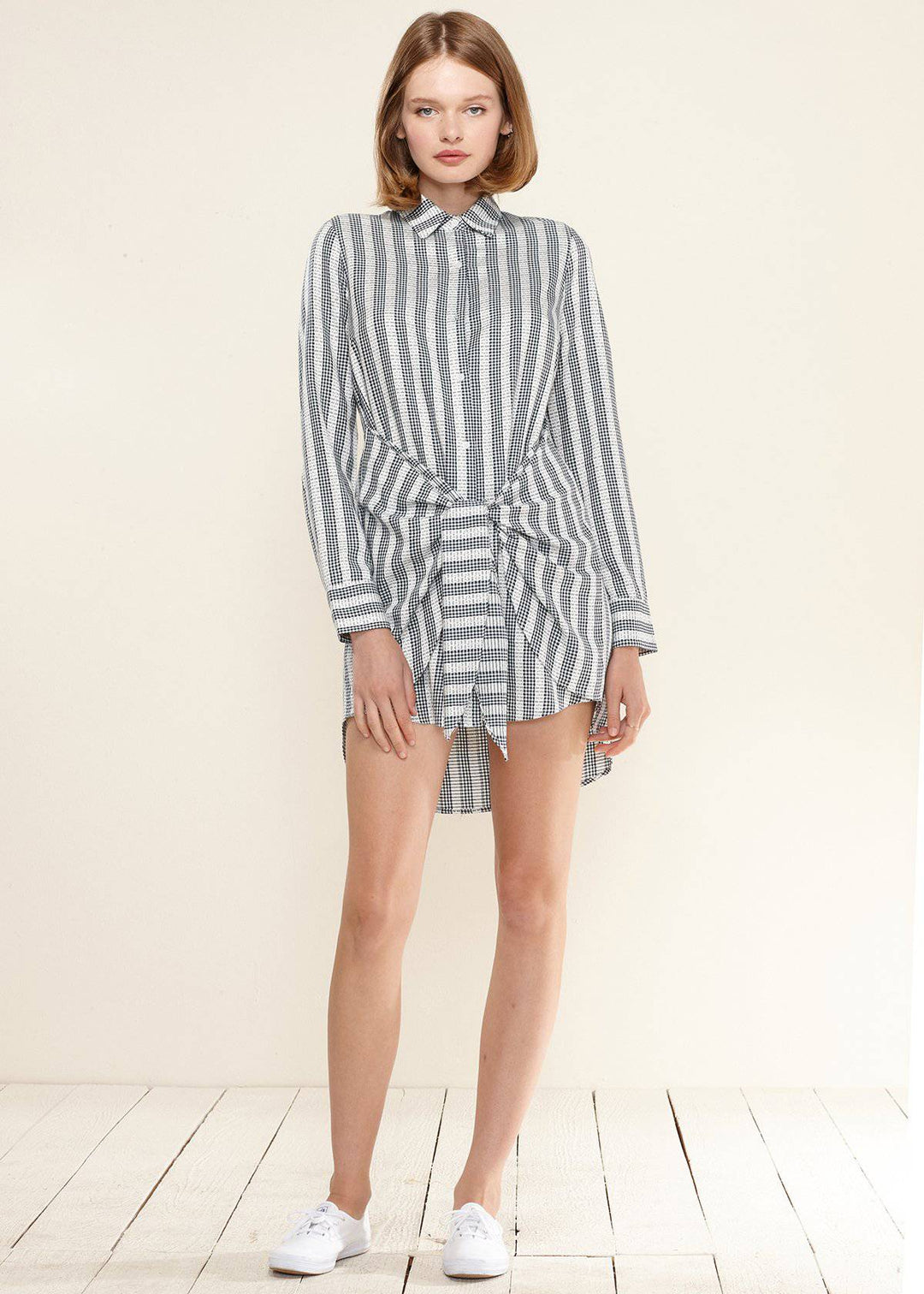 Women's Lace Trim Wrapped Shirt Dress in Ditsy Gingham by Shop at Konus