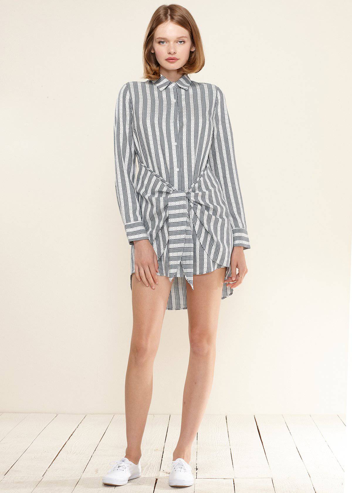 Women's Lace Trim Wrapped Shirt Dress in Ditsy Gingham by Shop at Konus
