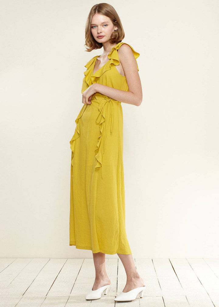 Ruffle Trim Wrapped Maxi Dress in Mustard by Shop at Konus